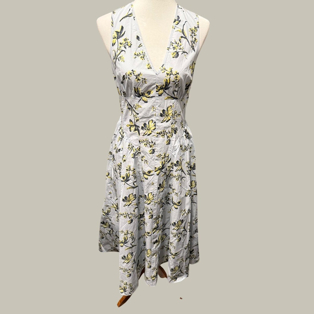 J.Crew Floral Midi Dress Womens 4 Blue Yellow Cotton Smocked Back V-Neck Pleated